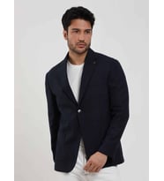 Lacivert Erkek Slim Fit Çizgili Casual Mono Yaka Ceket