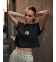 Minimal Persian Kedi Baskılı Beyaz Crop Tişört Kadın Rahat Kalıp (Siyah)
