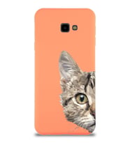 Samsung Galaxy J4 Plus Uyumlu Lansman Kılıf Catface Tasarımlı İçi Kadife Kapak-Turuncu (Şeffaf)