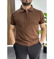Erkek Çizgi Desenli Polo Yaka Kahverengi Edw458