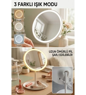 Ledli Yuvarlak Ayna Işıklı Mini Makyaj Aynası Beyaz