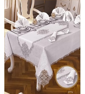 Elegant Linen Krem-Gümüş 12 Kişilik 26 Parça Supla Runner Premium Sofra Masa Takımı