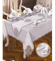 Elegant Linen Krem-Gümüş 12 Kişilik 26 Parça Supla Runner Premium Sofra Masa Takımı