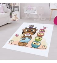 Baykuşlar Ayıcık Çizgi Desen Dijital Baskı Yıkanabilir Kaymaz Taban Çocuk Odası Halısı (Krem)