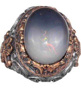 925 Ayar Gümüş Erkek Yüzük - Gerçek Oval Opal Taşlı - Desenli Erkek Yüzük