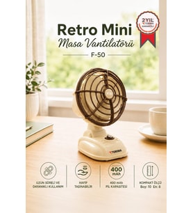 Torima Şarjlı Masaüstü Vantilatör Vintage Retro Tasarım 400 Mah Taşınabilir Masa Fanı F50 Beyaz