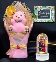 Kişiye Özel Hediye Seti  Peluş Ayıcık Buketi & Fotoğraflı Led Işıklı Fanus