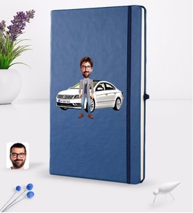 BK Gift Kişiye Özel Plakalı Erkek Volkswagen Passat Karikatürlü Lacivert Termo Deri Defter 16x24cm Model 1