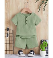 Unisex Bebek&Çocuk %100 Pamuklu Düğmeli Müslin Alt Üst Şort Takım-Yeşil