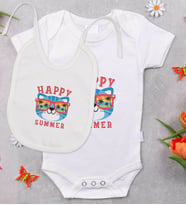 BK Kids Happy Summer Tasarımlı Bebek Body Zıbın ve Mama Önlüğü Hediye Seti - Model 1