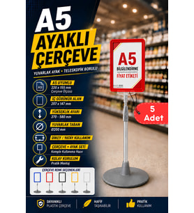 5 Adet - A5 Ayaklı Menü ve Fiyat Bilgi Standı Yuvarlak Tabanlı Teleskopik Çerçeve Etiketlik Kırmızı