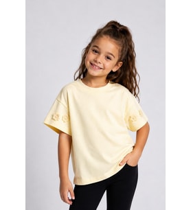 Çiçek Detaylı Kız Çocuk Basic Tshirt Açık Sarı