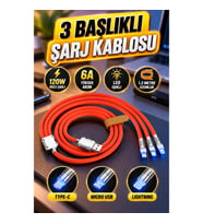120W 6A LED Işıklı 3'lü Şarj Kablosu Type-C Micro USB Lightning Uyumlu Silikon Metal Uçlu 1.2m