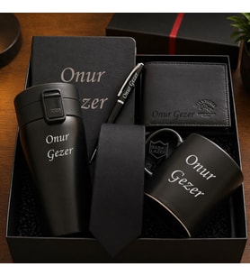 İsme Özel Premium Erkek  Hediye Seti - Çelik Termos,  Hakiki Deri Cüzdan,  Kupa Bardak, Defter, Kalem, Kravat