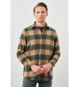 Camel Yünlü Ekose Desen Yumuşak Yaka Cepsiz Uzun Kol Casual Comfort Fit Gömlek 1004245227