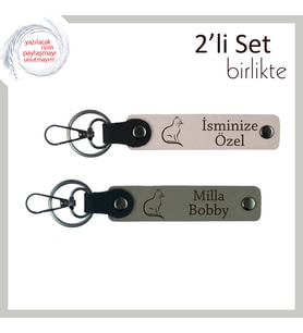 Kediseverlere Mini Sürpriz, Pati Temalı, Kişisel Yazılı Deri Anahtarlık, Pudra-Kül Gri