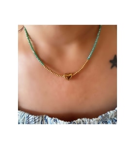 YEŞİL BONCUKLU ÇELİK KALP KOLYE 40+5CM-GOLD RENK ACR6068