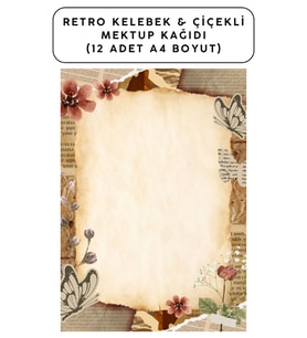 Retro Kelebek Çiçekli Mektup Kağıdı (12 Adet A4 Boyut)