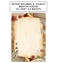 Retro Kelebek Çiçekli Mektup Kağıdı (12 Adet A4 Boyut)