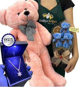 Kişiye Özel VIP Set - 925 Ayar Işıklı Kutusunda Gümüş Kolye & Pembe Ayıcık & 3'lü Ayıcık Buketi (Model 4)
