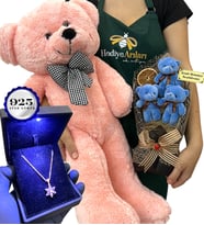 Kişiye Özel VIP Set - 925 Ayar Işıklı Kutusunda Gümüş Kolye & Pembe Ayıcık & 3'lü Ayıcık Buketi (Model 4)