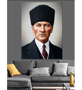 Kalpaklı Siyah Beyaz Lider Atatürk Dekoratif Kanvas - Mdf Ahşap Tablo