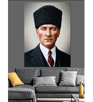Kalpaklı Siyah Beyaz Lider Atatürk Dekoratif Kanvas - Mdf Ahşap Tablo