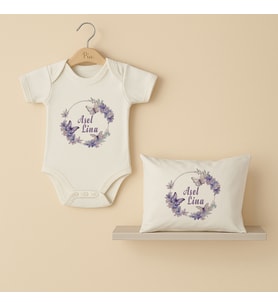Pia Baby Premium %100 Pamuk İsme Özel Organik Baskılı Çıtçıtlı Bebek Body Ve Yastık Kılıfı 5020-19 (Ekru)