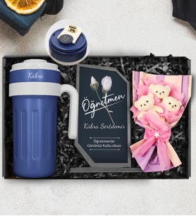 Öğretmenler Gününe Özel 700 ML Dereceli Kişiye Özel Termos & Özel Tasarım Cam Plaket & Üçlü Peluş Ayıcık Buketi Hediye Seti