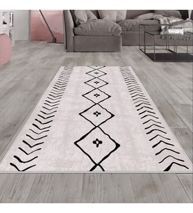 Gri Geometrik Desen Yıkanabilir Kaymaz Taban Leke Tutmaz Modern Salon Halısı ve Yolluk (Siyah)