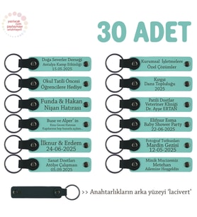 Mezuniyet Sonrası Sınıfa Toplu Hediye, 30'lu Set, Kişiye Özel Yazılı Deri Anahtarlık, Turkuaz & Laci