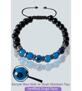 Sertifikalı Gerçek Obsidyen - Fasetli Mavi Akik Taşı Bileklik - Ayarlamalı