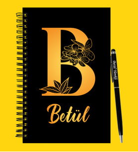 Kişiye Özel Harf Ve İsim Tasarımlı Ahşap Defter Kalem Seti (Siyah)