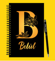 Kişiye Özel Harf Ve İsim Tasarımlı Ahşap Defter Kalem Seti (Siyah)