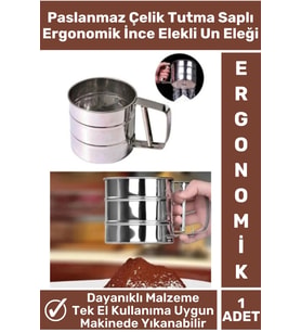 Özel Paslanmaz Çelik Tek Ele Uygun Tutma Kolu Pasta Hamur Baharat İnce Elekli Büyük Hazneli Un Eleği