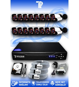 PICAM 16 Kameralı Panda 16 Dış Kamera Set 1 TB HDD Full HD Gece Görüşlü Güvenlik Kamerası Sistemi