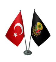 Masa Üstü Siyah Osmanlı Arması Bayrağı Türk Bayrağı İkili Krom Direk Masa Bayrak Seti
