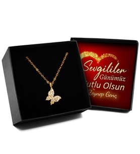 Sevgililer Gününe Özel Tasarım Zirkon Taşlı Gold Renk Kelebek Kolye