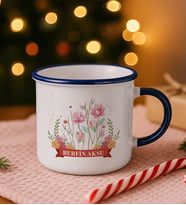 BK Gift Kişiye Özel Çiçek Tasarımlı Lacivert Emaye Kupa Bardak -16, Arkadaşa Hediye, Sevgiliye Hediye