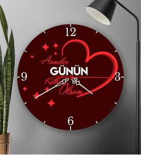 Anneler Gününe Özel Baskılı Yuvarlak Duvar Saati 20cm Anneye Hediye T4 (Kırmızı)