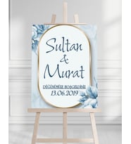 Söz Nişan Düğün İçin 50x70 Karşılama Panosu - Mavi Çiçek Tasarımlı 002