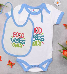 BK Kids Good Vibes Only Tasarımlı Mavi Bebek Body Zıbın ve Mama Önlüğü Hediye Seti-1