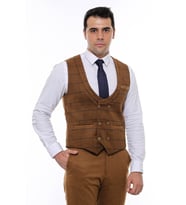 Kareli Desenli Kruvaze Kahverengi Erkek Yelek - Wessi (Taba)