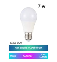 Sarı Işık Led Ampul 7w %85 Enerji Tasarruflu E27 Duy Led Ampul 220° Açılı 30.000 Saat Kullanım
