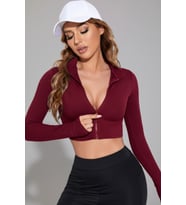 Kadın Bordo Uzun Kol Fermuarlı Parmak Geçme Detaylı Dik Yaka Crop Top Bluz