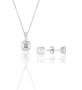 Söğütlü Silver Gümüş rodyumlu kare kesim zirkon taşlı kolye kupe ikili set..