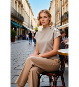Kadın Bluz Crop Regular Kalıp Dik Yaka Yarasa Kol Soft Touch Örme Kumaş Aksesuar Detaylı Kısa Boy