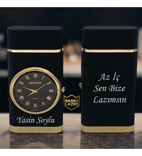 Kişiye Özel Çift Yön Baskı Turbo Jet Mavi Alevli Saatli Çakmak - Kutulu Ve Hediye Paketinde