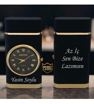 Kişiye Özel Çift Yön Baskı Turbo Jet Mavi Alevli Saatli Çakmak - Kutulu Ve Hediye Paketinde
