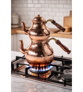 DMT COPPER HOME Bakır Küçük Boy 2-3 Kişilik Çaydanlık – El dövmesi Gaziantep Üretimi, Alt 900 ml Üst 500 ml